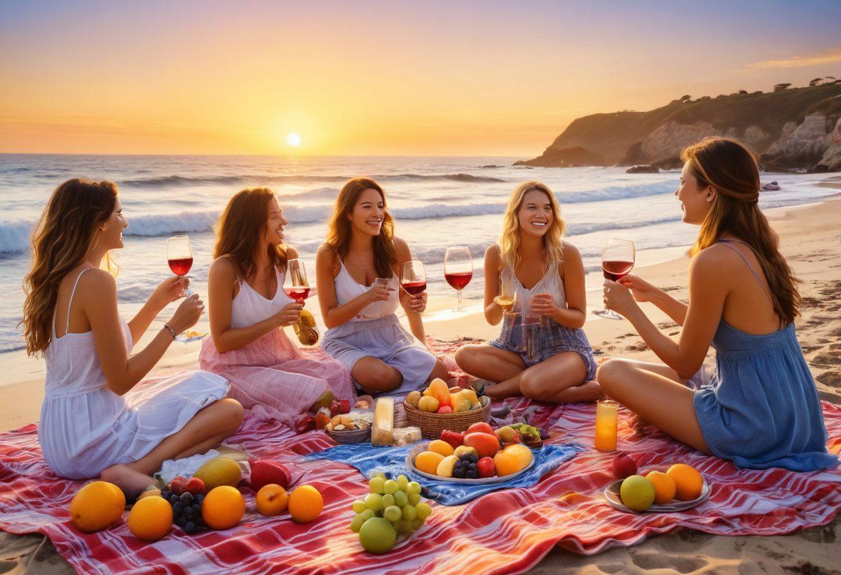 A picturesque seaside scene featuring a diverse group of friends enjoying wine sampling on a sunlit shore. Colorful picnic blankets and elegant wine glasses filled with various wines, surrounded by fresh fruits and cheese platters. The shimmering ocean waves and a vibrant sunset in the background create a joyful atmosphere. The friends are laughing and toasting, capturing the essence of carefree joy and adventure. bright colors. super-realistic. expressive details.