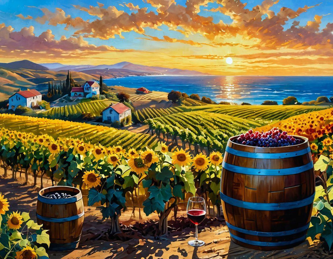 A picturesque coastal vineyard during golden hour, with rolling hills covered in grapevines, sunlit clusters of ripe grapes, and a rustic wooden wine barrel. In the foreground, a glass of red wine sparkles in the sunlight, surrounded by sunflowers and a backdrop of a serene ocean. The sky is a brilliant blue with fluffy white clouds. impressionist painting. warm tones. vibrant colors.