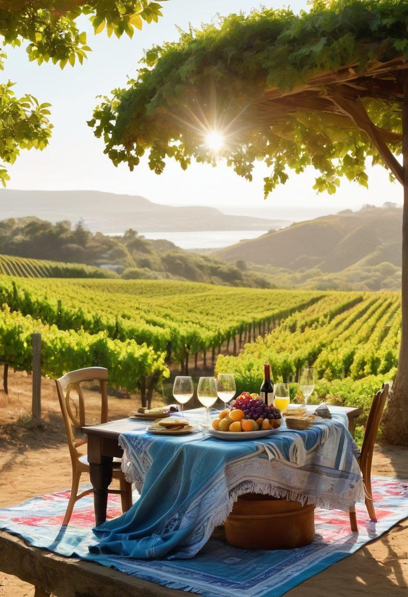 A picturesque coastal vineyard with rolling hills, lush grapevines basking in golden sunlight, and a charming rustic winery in the background. A couple savoring wine while seated at a beautifully set table with ocean views and colorful wine glasses. Add elements of relaxation like a sun umbrella and beach towels nearby. Capture the essence of coastal wine adventures in vibrant colors and a serene atmosphere. super-realistic. vibrant colors. 3D.